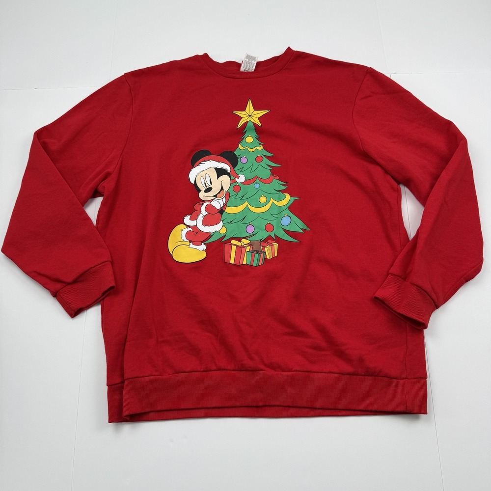 Disney Mickey Mouse Sweatshirt Mens XL Red Christmas Tree Santa Crewneck Holiday